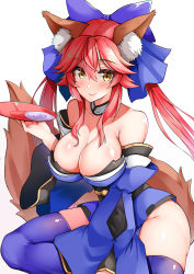 Rule 34 | 1girl, alcohol, animal ear fluff, animal ears, blue kimono, blue ribbon, blue thighhighs, blush, breasts, cleavage, collarbone, commentary, commentary request, cup, fate/grand order, fate (series), fox ears, fox girl, fox tail, hair ribbon, highres, japanese clothes, kimono, large breasts, lipstick, looking at viewer, makeup, pink hair, ribbon, sakazuki, sake, sezok, simple background, sitting, solo, tail, tamamo (fate), tamamo no mae (fate/extra), thighhighs, white background, yellow eyes