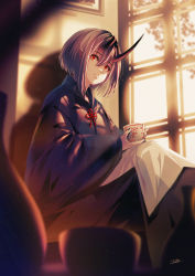Rule 34 | absurdres, blurry, blurry foreground, broken horn, cup, highres, horns, indoors, japanese clothes, kimono, oni, original, pointy ears, red eyes, sanamisa, short hair, sitting, teacup, wide sleeves, window