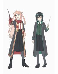Rule 34 | 2girls, ahoge, black cloak, black footwear, black skirt, blue eyes, boots, cloak, collared shirt, diagonal-striped clothes, diagonal-striped necktie, full body, gloves, green hair, green necktie, green ribbon, gryffindor, hair ribbon, hand on own hip, high heel boots, high heels, highres, hogwarts school uniform, holding, holding wand, long hair, long sleeves, looking at viewer, love live!, love live! nijigasaki high school idol club, mary janes, mifune shioriko, multiple girls, necktie, open cloak, open clothes, open mouth, pink hair, pleated skirt, red gloves, red necktie, red scarf, ribbon, scarf, school uniform, shirt, shoes, short hair, sidelocks, skirt, slytherin, striped clothes, teeth, two side up, upper teeth only, v-shaped eyebrows, wand, white shirt, xunyu (manyu), zhong lanzhu