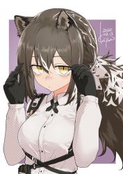 Rule 34 | 1girl, animal ears, arknights, black skin, blush, border, breasts, brown hair, closed mouth, collared shirt, colored skin, commentary request, cross tie, dated, freckles, hands up, kiyu (queue), long hair, long sleeves, looking at viewer, medium breasts, multicolored hair, nose blush, outside border, polka dot, polka dot shirt, ponytail, purple background, raccoon ears, ringed eyes, robin (arknights), shirt, signature, simple background, solo, streaked hair, two-tone hair, upper body, white border, white hair, white shirt, yellow eyes