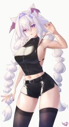 Rule 34 | 1girl, absurdres, animal ears, backless outfit, bare arms, bare shoulders, belt, black belt, black shorts, black thighhighs, blush, braid, breasts, commentary, english commentary, fang, hair between eyes, hairband, highres, large breasts, light purple hair, long hair, looking at viewer, midriff, navel, original, parted lips, purple eyes, purple hairband, purple nails, shirt, shorts, sideboob, simple background, sleeveless, sleeveless shirt, solo, stomach, strap lift, thighhighs, twin braids, very long hair, white background, yuzabeecha, zipper