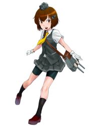Rule 34 | 1girl, alternate costume, bad id, bad twitter id, bike shorts, black shorts, brown eyes, brown hair, cannon, commentary request, dress shirt, full body, gloves, grey skirt, grey vest, headgear, headset, kantai collection, looking at viewer, necktie, pleated skirt, school swimsuit, shirt, short hair, shorts, shorts under skirt, skirt, solo, speaking tube headset, swimsuit, teeth, turret, upper teeth only, vest, watanore, white gloves, white shirt, yellow necktie, yukikaze (kancolle)