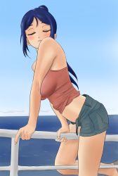 Rule 34 | 10s, 1girl, bad id, bad pixiv id, bare shoulders, blue hair, breasts, derivative work, closed eyes, highres, large breasts, looking at viewer, love live!, love live! school idol festival, love live! sunshine!!, matsuura kanan, midriff, navel, ocean, ponytail, pursed lips, railing, shirow (mha03133), short shorts, shorts, solo, straddling, unbuttoned