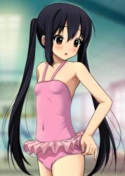 Rule 34 | 1girl, :o, adjusting clothes, adjusting swimsuit, bare shoulders, black hair, blush, brown eyes, cameltoe, casual one-piece swimsuit, flat chest, halterneck, highres, k-on!, long hair, nakano azusa, one-piece swimsuit, pink one-piece swimsuit, ryunnu, solo, swimsuit, twintails, very long hair