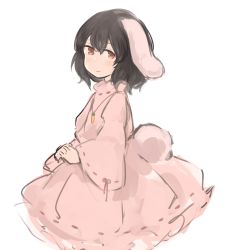 Rule 34 | 1girl, animal ears, bad id, bad twitter id, black hair, carrot necklace, closed mouth, dress, from side, highres, inaba tewi, long sleeves, looking at viewer, looking to the side, necklace, pink dress, rabbit ears, red eyes, simple background, smile, solo, touhou, tsukiori, white background