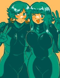 Rule 34 | 2girls, blush, bodysuit, breasts, closed mouth, dori (zeroranger), earrings, green eyes, green hair, hand on another&#039;s shoulder, highres, jewelry, large breasts, long hair, looking at viewer, mido (zeroranger), multiple girls, one eye closed, open mouth, pie (aipiepo), short hair, smile, sweatdrop, v, zeroranger
