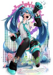 Rule 34 | 1girl, absurdres, aqua necktie, bare shoulders, beamed eighth notes, beamed sixteenth notes, black skirt, black thighhighs, blue eyes, blue hair, cable, commentary, detached sleeves, eighth note, fangs, graphic equalizer, grey shirt, hair ornament, hatsune miku, headphones, headset, highres, holding, holding megaphone, long hair, looking at viewer, megaphone, musical note, nail polish, necktie, on one knee, open mouth, paper, quarter note, sheet music, shirt, shoulder tattoo, sixteenth note, skirt, sleeveless, sleeveless shirt, solo, staff (music), tattoo, thighhighs, treble clef, twintails, very long hair, vocaloid, wanaxtuco, zettai ryouiki