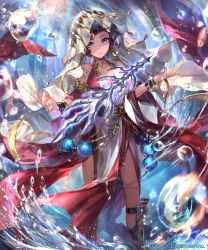 Rule 34 | 1girl, blue eyes, chain, closed mouth, collarbone, detached sleeves, dress, highres, irua, looking at viewer, purple hair, red dress, red sleeves, shadowverse, short hair, sleeveless, sleeveless dress, smile, solo, standing, veil, water