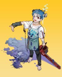 Rule 34 | 1boy, aged down, apron, barefoot, blood, blood on face, blue blood, blue hair, bolt (hardware), chainsaw, colored blood, cu chulainn (fate), cu chulainn (fate/stay night), earrings, electricity, fang, fate/stay night, fate (series), friday the 13th, guttia, heart (organ), hockey mask, jason voorhees, jewelry, long hair, male focus, mask, one eye closed, ponytail, red eyes, solo