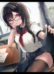 1girl absurdres black_hair black_panties blue_sailor_collar blue_skirt blush braid brown_thighhighs classroom clothes_lift commentary_request desk glasses hand_on_own_cheek hand_on_own_face head_rest highres indoors lifting_own_clothes looking_at_viewer low_twintails neckerchief original panties parted_lips purple_eyes red_neckerchief sailor_collar school_desk school_uniform serafuku shirt short_sleeves skirt skirt_lift thighhighs twin_braids twintails underwear white_shirt yufou