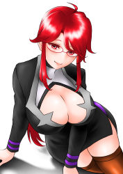 Rule 34 | 1girl, absurdres, arm support, black suit, breasts, brown thighhighs, cleavage cutout, clothing cutout, creatures (company), formal, game freak, glasses, highres, long sleeves, lorelei (pokemon), nintendo, pokemon, pokemon lgpe, ponytail, red eyes, red hair, sidelocks, solo, suit, thighhighs, toba tsutsumi, turtleneck