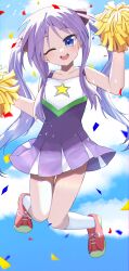 Rule 34 | 1girl, absurdres, blue eyes, cheerleader, closed mouth, collarbone, confetti, dot nose, female focus, full body, highres, hiiragi kagami, jumping, long hair, lucky star, one eye closed, open mouth, outdoors, pom pom (cheerleading), purple hair, shoes, sky, sneakers, socks, solo, star (symbol), twintails, very long hair, white socks, yaki tai