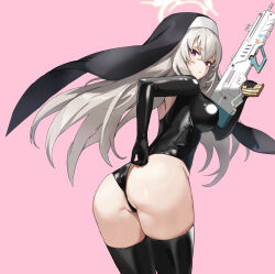 Rule 34 | 1girl, anus, anus peek, ass, black leotard, black thighhighs, blue archive, breasts, closed mouth, elbow gloves, from behind, gloves, grey hair, gun, halo, highres, holding, holding gun, holding weapon, justina follower (blue archive), kuza brs, large breasts, latex, latex leotard, leaning forward, leotard, long hair, looking at viewer, looking back, nun, partially visible vulva, pink background, purple eyes, sakurako (blue archive), simple background, solo, thighhighs, very long hair, weapon