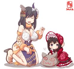 Rule 34 | 2girls, = =, artist logo, black hair, blue eyes, breasts, brown hair, cleavage, commentary request, cosplay, dated, dress, closed eyes, hair ornament, highres, kanon (kurogane knights), kantai collection, kulve taroth (armor), kulve taroth (master rank armor), large breasts, long sleeves, medium hair, monster hunter (series), monster hunter: world, multiple girls, open mouth, red dress, seiza, shigure (kancolle), short hair, simple background, sitting, smile, white background, yamashiro (kancolle)