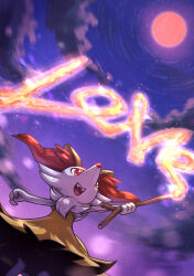 Rule 34 | 1girl, animal ear fluff, animal ears, animal nose, arm up, black fur, blue sky, body fur, braixen, cloud, creatures (company), english text, fangs, female focus, flat chest, fox ears, from below, full moon, furry, furry female, game freak, gen 6 pokemon, gradient sky, happy, highres, kotobukkii (yt lvlv), long exposure, looking up, moon, multicolored fur, neck fur, night, nintendo, open mouth, outdoors, outstretched arm, pokemon, pokemon (creature), red eyes, red moon, sky, smile, snout, solo, star (sky), starry sky, teeth, white fur, writing, yellow fur
