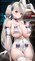 Rule 34 | 1girl, alcohol, animal ears, azur lane, bare shoulders, bikini, bikini top only, blurry, blurry background, blush, breasts, brown eyes, character name, choker, cleavage, closed mouth, commentary, cup, detached sleeves, ear piercing, fake animal ears, formidable (azur lane), fouriasensei, gloves, grey hair, hair ornament, hairband, highleg, highleg leotard, highres, holding, holding tray, large breasts, leotard, long hair, long sleeves, looking at viewer, piercing, playboy bunny, rabbit ears, see-through, see-through sleeves, sideboob, skindentation, smile, solo, swimsuit, symbol-only commentary, thighs, tray, twintails, underboob, white gloves, white hairband, white leotard