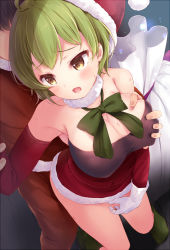 Rule 34 | 1boy, 1girl, bag, bare shoulders, black hair, blush, grabbing another&#039;s breast, breasts, brown eyes, cleavage, covered erect nipples, detached sleeves, fur-trimmed headwear, fur trim, gloves, grabbing, grabbing from behind, green hair, green legwear, green ribbon, hat, komone ushio, large breasts, neck ribbon, open mouth, original, red headwear, red skirt, ribbon, santa costume, santa hat, short hair, skirt, solo focus, standing, sweat, white gloves