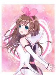 Rule 34 | 1girl, :d, aqua eyes, arms behind back, blush, bow, brown hair, detached sleeves, hair bow, highres, ka lingonberry, kizuna ai, kizuna ai inc., long hair, looking away, multicolored hair, nail polish, open mouth, own hands clasped, own hands together, pink background, sailor collar, shorts, smile, streaked hair, upper body, virtual youtuber