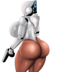 Rule 34 | 1girl, armor, ass, back, breasts, cyborg, female focus, haydee (game), haydee (haydee), helmet, highres, huge breasts, legs, leotard, shiny skin, solo, weapon