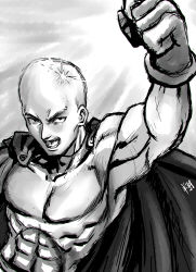 Rule 34 | 1boy, abs, bald, cape, clenched hand, highres, male focus, muscular, one-punch man, open mouth, pectorals, ryu shou, saitama (one-punch man), sketch, solo, superhero costume, uppercut