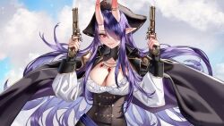 Rule 34 | 1girl, absurdres, blue sky, blush, breasts, cape, captain hannah, cloud, cloudy sky, coat, corset, ear piercing, feet out of frame, floating hair, gem, gradient hair, gun, hat, highres, holding, holding weapon, indie virtual youtuber, jewelry, large breasts, lips, long hair, mole, mole under eye, multicolored hair, nails, necklace, one eye covered, piercing, pirate, pirate costume, pirate hat, pointy ears, purple hair, ringeko-chan, sky, smile, virtual youtuber, weapon