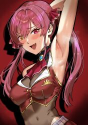 Rule 34 | 1girl, arm up, armpits, ascot, black choker, blush, breasts, choker, cleavage, covered navel, cropped jacket, fang, frilled choker, frills, hair ribbon, heterochromia, highres, hololive, houshou marine, houshou marine (1st costume), jacket, large breasts, leotard, leotard under clothes, long hair, looking at viewer, navel, open mouth, red ascot, red background, red eyes, red hair, red jacket, red ribbon, red skirt, ribbon, shadow, skin fang, skirt, sleeveless, sleeveless jacket, solo, twintails, virtual youtuber, yellow eyes, yusi vishnu