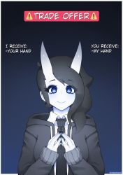 Rule 34 | 1girl, ahegaokami, black background, black hair, black jacket, black nails, blue background, blue eyes, colored skin, english text, gradient background, hands up, highres, hood, hood down, horns, jacket, long hair, long sleeves, looking at viewer, meme, nail polish, oni horns, original, own hands together, sleeves past wrists, solo, spooky (ahegaokami), trade offer (meme), white skin