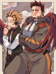Rule 34 | 2boys, alternate costume, beard, beige border, blonde hair, blouse, blue eyes, boku no hero academia, brown coat, brown pants, closed mouth, coat, collared shirt, commentary request, crossed arms, dress shirt, endeavor (boku no hero academia), facial hair, hand up, hawks (boku no hero academia), headphones, long sleeves, looking at viewer, male focus, miso (mimimiso), multiple boys, pants, red hair, red wings, scar, scar across eye, scar on face, shirt, short hair, spiked hair, vest, white shirt, wings