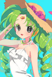 Rule 34 | 1girl, :d, arm up, blue background, breasts, cleavage, colored eyelashes, commentary request, drill hair, falulu, falulu (awakened), flower, forehead jewel, green hair, grey eyes, hat, hat flower, headphones, highres, long hair, looking at viewer, open mouth, pink flower, pretty series, pripara, sidelocks, small breasts, smile, solo, straw hat, sukoyaka (100hituzi), sun hat, upper body