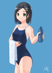 Rule 34 | 1girl, absurdres, alternate costume, bare shoulders, black hair, blue background, bottle, breasts, competition school swimsuit, green eyes, hair ornament, hairclip, highres, holding, holding bottle, kantai collection, kuroshio (kancolle), laminar flow, looking at viewer, school swimsuit, short hair, simple background, small breasts, smile, solo, swimsuit, towel