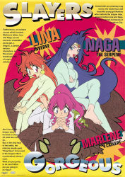 Rule 34 | 1990s (style), 1other, 3girls, :3, absurdres, araizumi rui, barefoot, black hair, blue eyes, bodystocking, breasts, character name, copyright name, crossed arms, crossed legs, dragon, earrings, english text, fang, headband, high ponytail, highres, interlocked fingers, jewelry, large breasts, lina inverse, long hair, looking at viewer, lying, marlene (slayers), monster, multiple girls, naga the serpent, official art, on stomach, open mouth, own hands together, pink hair, red eyes, red hair, retro artstyle, scan, sitting, sitting on person, slayers, slayers gorgeous, small breasts, soles, very long hair