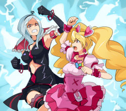 Rule 34 | 00s, 2girls, angry, battle, black neckwear, black shorts, bow, bracelet, cure peach, earrings, eas (fresh precure!), elbow gloves, fighting, fresh precure!, gloves, hair ornament, heart, heart hair ornament, higashi setsuna, jewelry, long hair, magical girl, momozono love, multiple girls, pink bow, precure, red eyes, shorts, tamagoroo, thighhighs, twintails