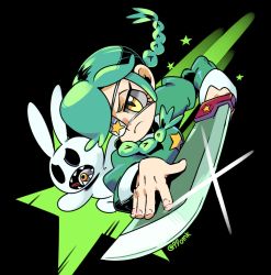 Rule 34 | 1girl, 2020, 770mk, annie (skullgirls), artist name, attack, black background, braid, collared dress, commentary, dress, eyepatch, female focus, floating hair, glint, green hair, green theme, holding, holding sword, holding weapon, long sleeves, open mouth, sagan (skullgirls), serious, sharp teeth, skullgirls, star (symbol), sword, teeth, twin braids, weapon, yellow eyes