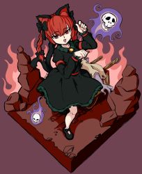 Rule 34 | 1girl, animal ears, black bow, black footwear, blood, bow, braid, cart, cat ears, cat tail, commentary, dress, english commentary, fire, floating skull, footwear bow, frilled dress, frilled sleeves, frills, full body, green dress, grunt (tnurg), hair between eyes, hair bow, highres, isometric, juliet sleeves, kaenbyou rin, long hair, long sleeves, looking at viewer, mary janes, multiple tails, nail polish, nekomata, open mouth, paw pose, puffy sleeves, red eyes, red hair, red nails, shoes, skull, solo, tail, touhou, twin braids