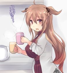 Rule 34 | 1girl, ahoge, alternate costume, blonde hair, blush, breasts, commentary request, cup, hair between eyes, hair flaps, hair ribbon, heterochromia, highres, hirune (konekonelkk), holding, holding cup, kantai collection, large breasts, long hair, looking at viewer, murasame (kancolle), open mouth, orange eyes, red eyes, red sweater, ribbon, sidelocks, solo, sweater, teapot, translation request