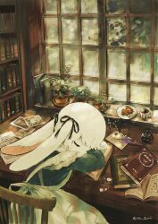 Rule 34 | 1girl, animal ears, apron, book, bookshelf, chair, closed eyes, commentary, covered mouth, cup, dress, flower, food, fork, furry, furry female, hair ornament, highres, indoors, inkwell, myu (3u gumi), open book, original, pie, plant, plate, potted plant, quill, rabbit ears, rabbit girl, ribbon, sidelocks, sleeping, sleeping on desk, solo, table, white hair, window