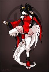 Rule 34 | 00s, 1girl, 2009, animal ears, arc system works, black hair, breasts, china dress, chinese clothes, cosplay, dagger leonelli, detached sleeves, dog ears, dress, fighting stance, full body, furry, furry female, guilty gear, kuradoberi jam, kuradoberi jam (cosplay), leg lift, legs, long hair, nail polish, shirt, signature, solo, standing, standing on one leg, tail, taut clothes, taut shirt