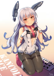 Rule 34 | 10s, 1girl, adapted costume, bare shoulders, black pantyhose, blunt bangs, blush, breasts, cleavage, dress, full body, gloves, gradient background, hair ribbon, hands on own chest, headgear, horosuke, kantai collection, kneeling, long hair, looking at viewer, murakumo (kancolle), murakumo kai ni (kancolle), orange eyes, pantyhose, race queen, ribbon, sailor dress, silver hair, small breasts, smile, solo, thighband pantyhose, tress ribbon