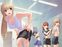 Rule 34 | 4girls, ahoge, angry, artist request, black hair, blonde hair, blue eyes, bra, braid, breasts, brown eyes, brown hair, camisole, cleavage, clothes pull, dressing room, fangs, glasses, gun, handgun, leaning forward, locker, long hair, looking at viewer, multiple girls, navel, open bra, open mouth, panties, pencil skirt, pistol, skirt, skirt pull, small breasts, source request, standing, thighhighs, twintails, underwear, undressing, weapon