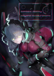 Rule 34 | 1girl, absurdres, android, ass, bent over, bodysuit, breasts, bright pupils, cable, cleavage, commentary, english commentary, english text, glowing, glowing eyes, grin, highres, holding, holding sword, holding weapon, horns, large breasts, long hair, looking at viewer, mechanical legs, mechanical tail, red bodysuit, smile, sword, tail, teedee ch, virtual youtuber, vshojo, weapon, white hair, yellow eyes, zentreya, zentreya (cyborg), zentreya (cyborg) (1st costume)