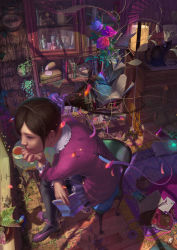 Rule 34 | 1girl, absurdres, black legwear, blue eyes, blue rose, book, bookshelf, bottle, brown hair, bug, butterfly, cat, chair, head rest, cup, doll, english text, fantasy, floating, floating object, flower, glowing, hair ornament, highres, bug, instrument, key, lamp, lantern, leaf, crossed legs, letter, light smile, lips, long sleeves, magic, metronome, mirror, open book, original, piano, plant, ponytail, pouch, purple rose, realistic, red rose, reflection, reishin (tenpurasoba), ribbon, room, rose, rug, saucer, scroll, sitting, skirt, smile, solo, spoon, table, tea, teacup, vial, vines, wooden floor
