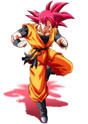 Rule 34 | 1boy, absurdres, baggy pants, black footwear, black sash, black shirt, black wristband, boots, clenched hands, closed mouth, colored shadow, commentary, dougi, dragon ball, dragon ball heroes, english commentary, facing viewer, full body, highres, iamthetrev, male focus, muscular, muscular male, orange pants, orange shirt, pants, red eyes, red hair, sash, shadow, shirt, simple background, smile, solo, son goku, son goku (xeno), spiked hair, t-shirt, tight clothes, tight shirt, white background, wristband