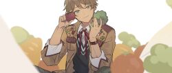Rule 34 | 1boy, black vest, broccoli, brown jacket, carrot, closed mouth, ensemble stars!, food, fruit, grey eyes, highres, holding, holding food, holding fruit, jacket, light brown hair, looking at viewer, male focus, official alternate costume, or i, shirt, short hair, smile, solo, takamine midori, tomato, vest, white background, white shirt