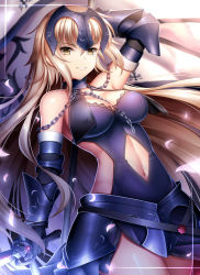 Rule 34 | 1girl, :d, arm at side, arm up, armor, bare shoulders, between breasts, black gloves, blonde hair, blurry, breasts, brown eyes, chain, cleavage, clothing cutout, cowboy shot, depth of field, eyebrows, fate/grand order, fate (series), flag, floating hair, fur trim, gloves, glowing, guardian-panda, hair between eyes, headpiece, highres, holding, holding sword, holding weapon, jeanne d&#039;arc (fate), jeanne d&#039;arc alter (avenger) (fate), jeanne d&#039;arc alter (avenger) (third ascension) (fate), jeanne d&#039;arc alter (fate), light particles, long hair, looking at viewer, medium breasts, motion blur, navel, navel cutout, open mouth, parted lips, petals, pole, side cutout, smile, solo, sword, vambraces, very long hair, weapon, white background