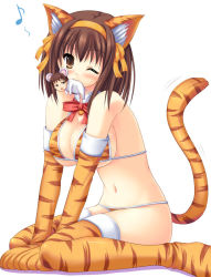 Rule 34 | 00s, 1boy, 1girl, :3, animal ears, cat ears, cat tail, elbow gloves, gloves, kneeling, kyon, mouse (animal), mouth hold, musical note, quaver, simple background, suzumiya haruhi, suzumiya haruhi no yuuutsu, tail, thighhighs, uehiro, white background