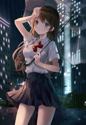 Rule 34 | 1girl, black skirt, blue eyes, blush, bow, bowtie, breasts, brown hair, collared shirt, female focus, hand on own head, heeri, highres, holding, holding umbrella, long hair, looking at viewer, medium breasts, night, original, outdoors, pleated skirt, pout, rain, red bow, red bowtie, school uniform, shirt, short sleeves, skirt, solo, standing, transparent, transparent umbrella, umbrella, wet, wet clothes, white shirt