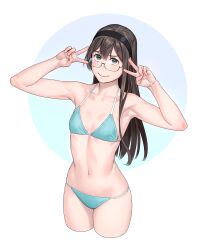 Rule 34 | 1girl, alternate costume, armpits, bare arms, bare shoulders, bikini, black-framed eyewear, blue bikini, breasts, brown hair, closed mouth, collarbone, cowboy shot, cropped legs, double v, glasses, green eyes, groin, hair between eyes, hairband, highres, kantai collection, long hair, looking at viewer, navel, ooyodo (kancolle), semi-rimless eyewear, simple background, small breasts, smile, solo, standing, stomach, string bikini, swimsuit, under-rim eyewear, v, white background, yuuji (and)