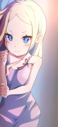 Rule 34 | 1girl, absurdres, bare arms, beatrice (re:zero), blonde hair, blue eyes, blush, butterfly-shaped pupils, camui1104, closed mouth, collarbone, commentary request, eyelashes, hand up, highres, long hair, looking at viewer, lying, nightgown, on side, parted bangs, purple nightgown, re:zero kara hajimeru isekai seikatsu, red ribbon, revision, ribbon, short eyebrows, sidelocks, solo, symbol-shaped pupils, v-shaped eyebrows