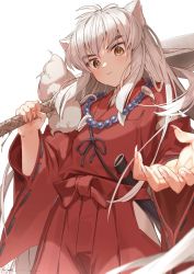 Rule 34 | 1boy, animal ears, bad id, bad twitter id, bead necklace, beads, blush, brown eyes, claws, closed mouth, eyes visible through hair, fingernails, fox ears, highres, holding, holding sword, holding weapon, inuyasha, inuyasha (character), jewelry, long fingernails, long hair, long sleeves, male focus, necklace, over shoulder, ryota (ry o ta), scabbard, sharp fingernails, sheath, signature, simple background, solo, sword, sword over shoulder, unsheathing, weapon, weapon over shoulder, white background, white hair, wide sleeves