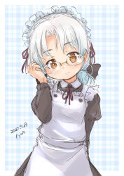 Rule 34 | 1girl, alternate costume, apron, black apron, black dress, blue background, brown eyes, cowboy shot, dress, enmaided, frilled apron, frills, fyuo, glasses, grey hair, head tilt, highres, hirato (kancolle), kantai collection, looking at viewer, maid, maid headdress, plaid, plaid background, short hair, solo, wavy hair